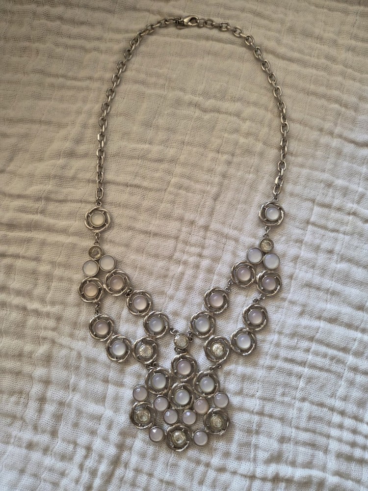 Vintage Silver Tone Bib Statement Necklace with Opalescent Cabochon Stones