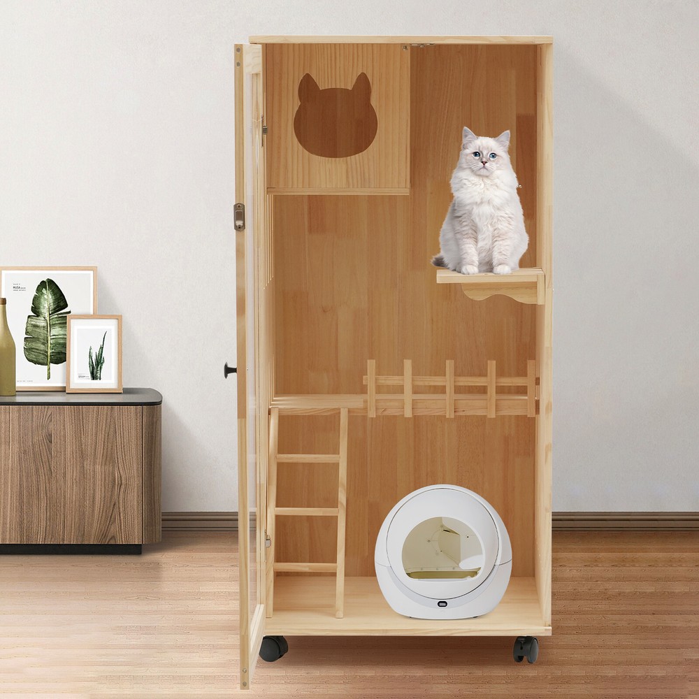 Large Indoor Wooden Cat Enclosure with Ramp & Covered Cat House Kit