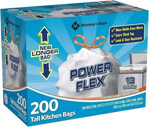 Member's Mark Power Flex Tall Kitchen Drawstring Trash Bags 13 Gallon
