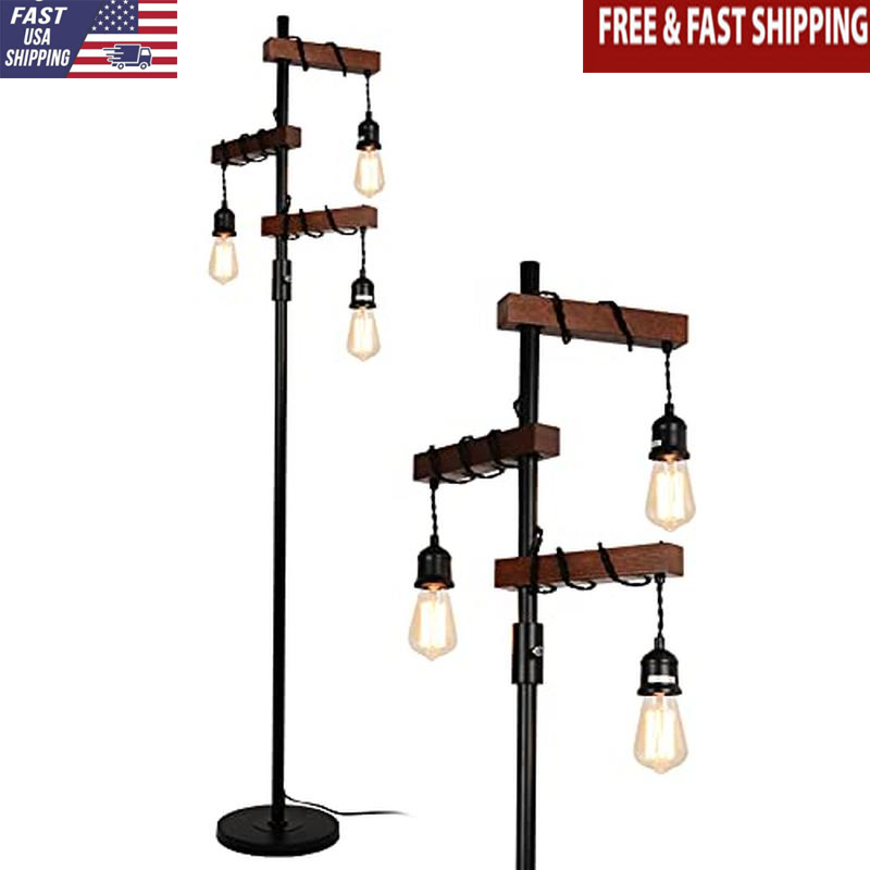 Vintage Industrial 3-Head Floor Lamp 360° Lighting Retro Wood Metal Design New