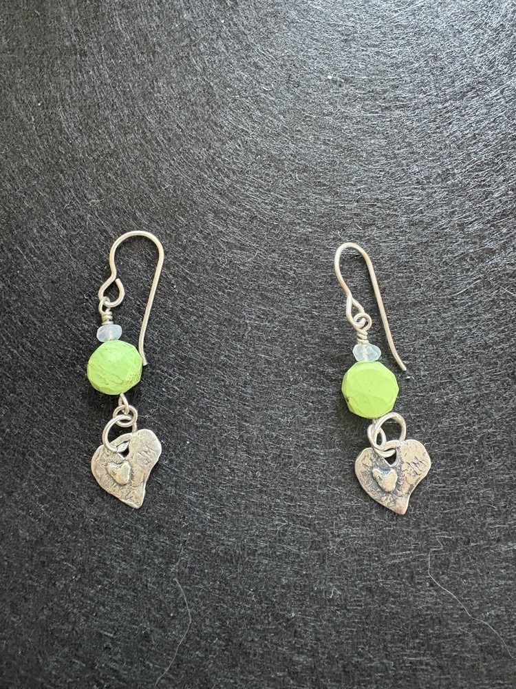 Jes Maharry Silver Dangle Earrings With Green Stone With Heart Charm