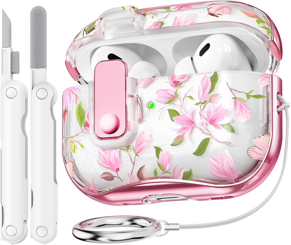 For Airpods Pro 2 Case Cover with Lock, Clear TPU Floral Cute Protective Case Fo