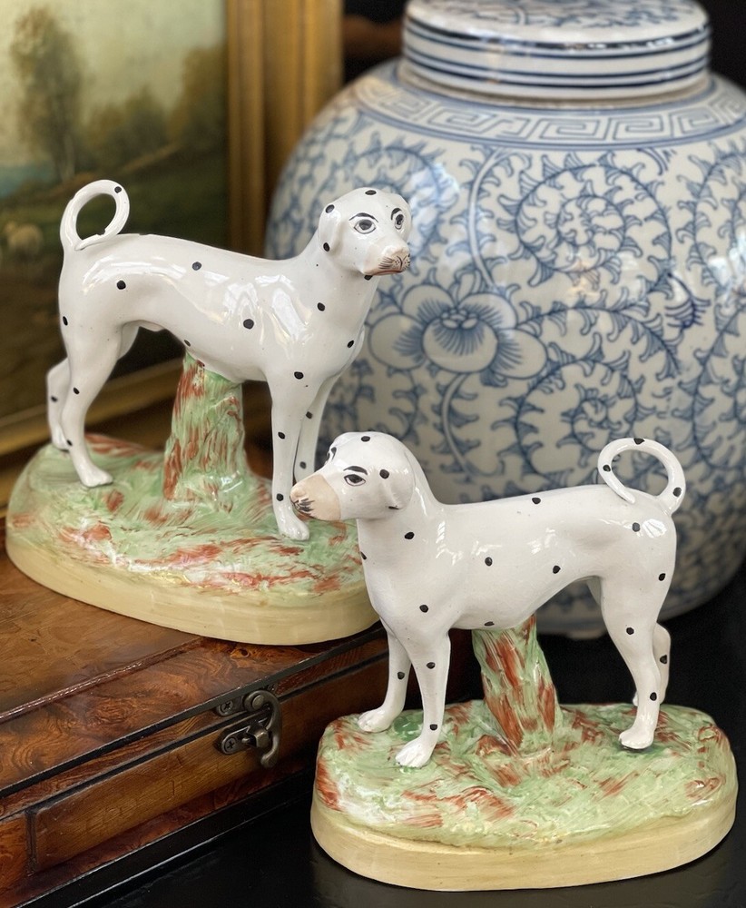 Stunning Rare 19C English Staffordshire Dalmatian Fox Hunt Mantle Dog Pair 6”
