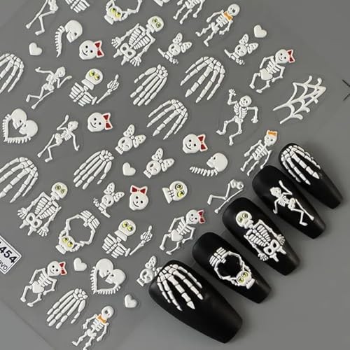 5D Embossed Skull Nail Art Stickers, 2PCS Halloween Skeleton Nail Stickers 3D