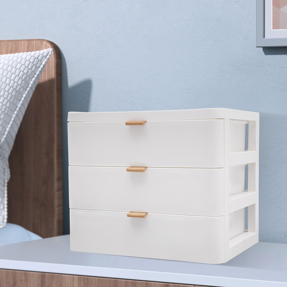 3-Layer White Desktop Storage Box Jewelry Case Home Tabletop Organizer W/ Drawer