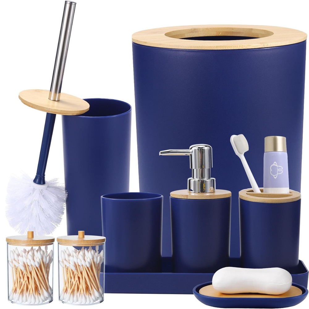 Navy Blue 9-Piece Bathroom Accessories Set with Trash Can