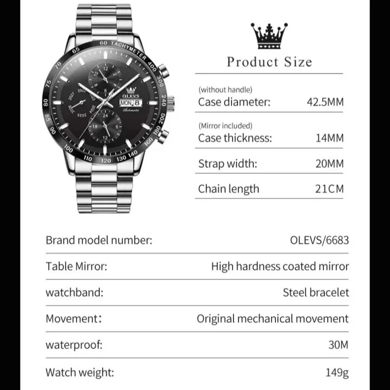 Luxury Mens Automatic Watch with Multifunction Waterproof Stainless Steel