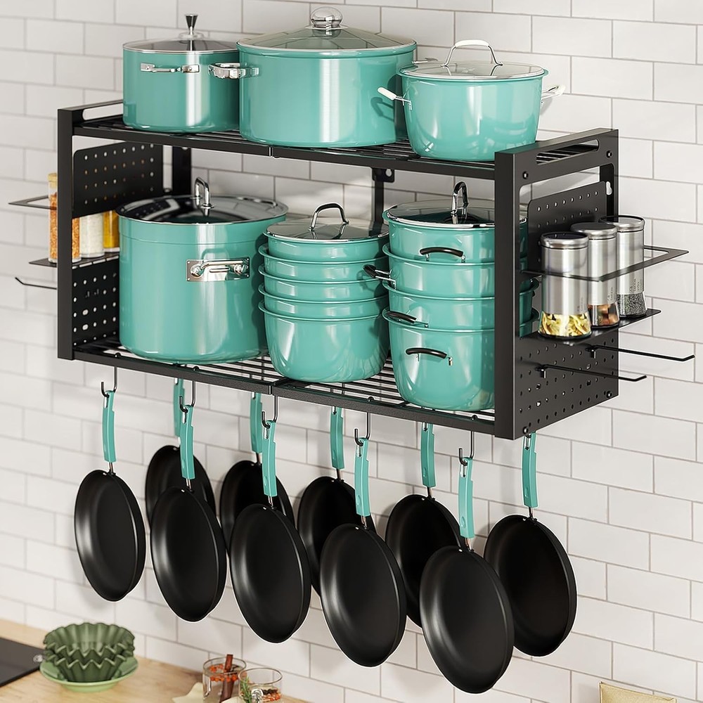 31 Inch Pot Rack Wall Mounted 2-Tier Pots & Pans Organizer W/ 20 Hooks & Pan