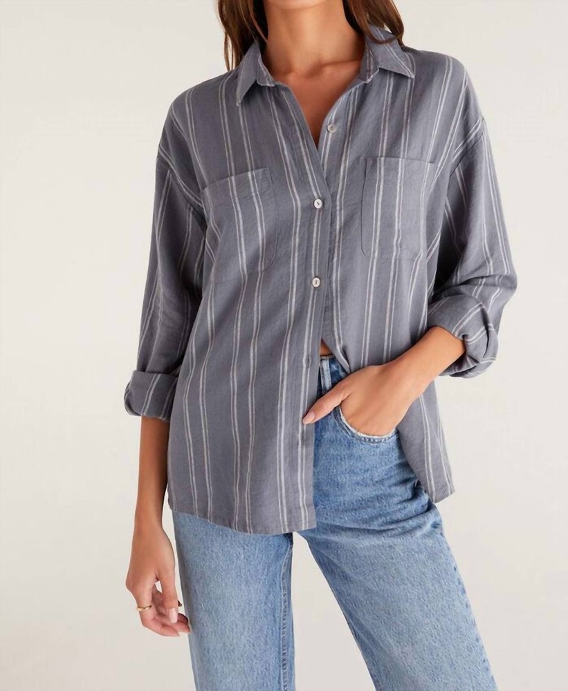 Z SUPPLY Sunday Stripe Button Down Shirt Sz S Navy Gray White Linen Rayon Blend