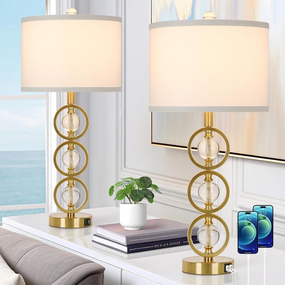 Modern Gold Table Lamps Set of 2 with Dual USB Charging Ports Extra Large Size