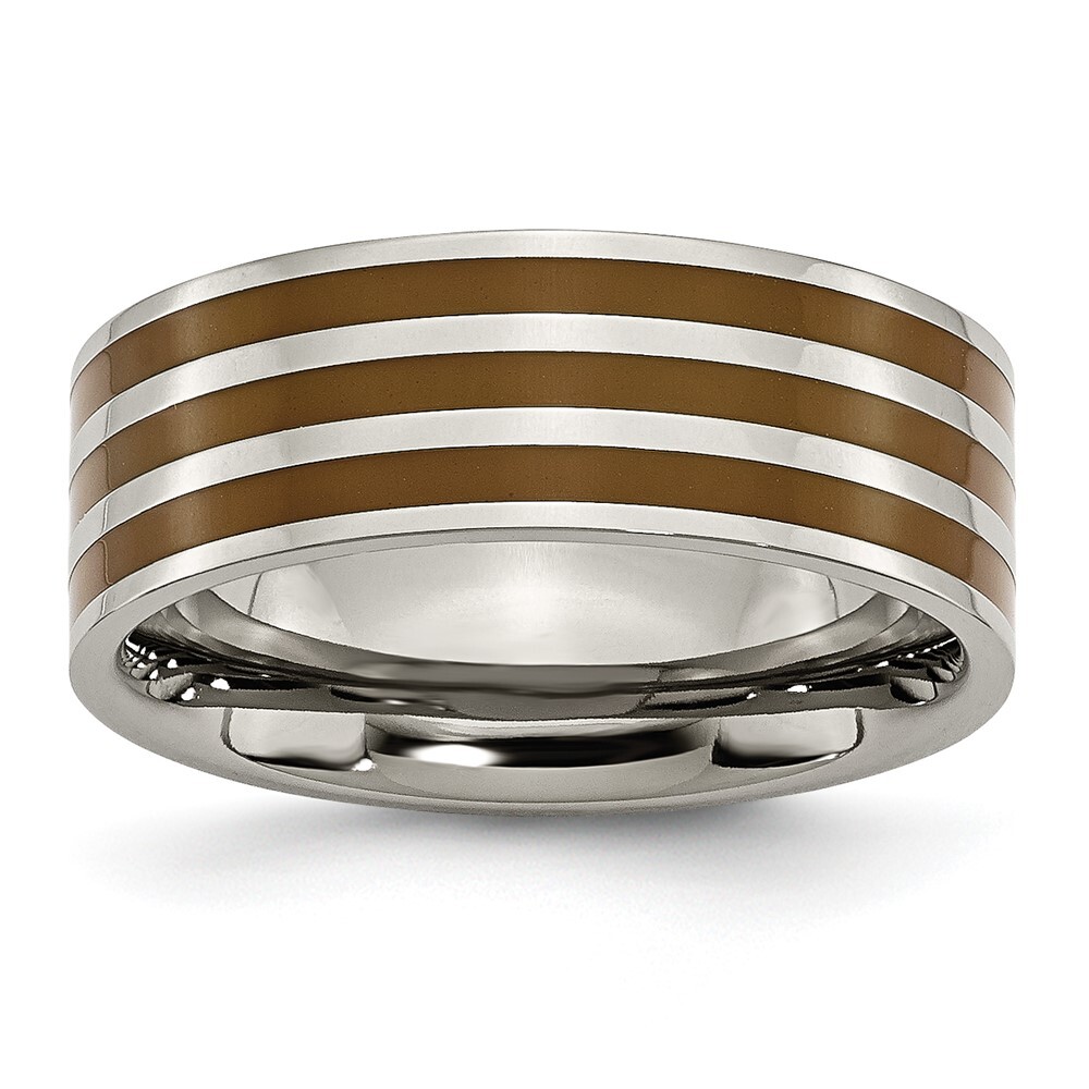 Titanium Polished Brown Enamel Striped 8mm Flat Band Ring Size 9
