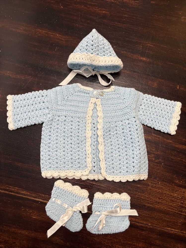 Hand Made Crochet Infant Newborn Sweater Bonnet Bootie Set in Blue New