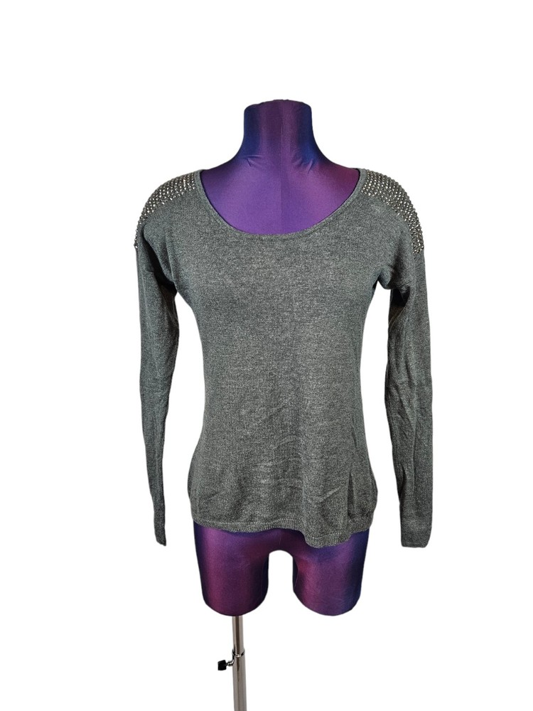 Dark Gray Rhinestone Studded Shoulder Sweater Women's Size Medium M29