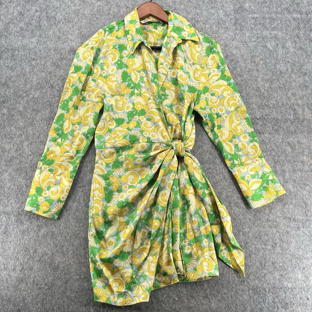 Zara Satin Wrap Dress Size S Yellow Green Floral Paisley Blogger Favorite Mini