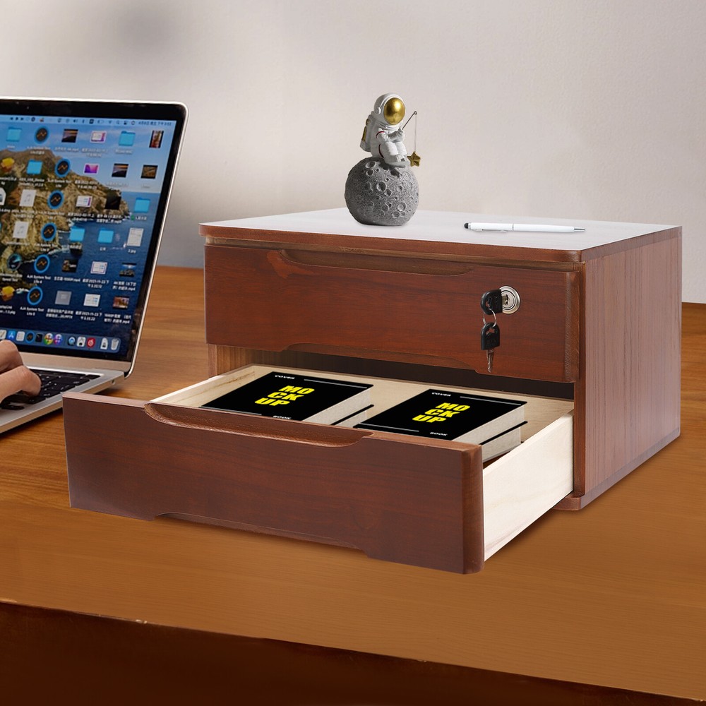 2-Tier Tung Wood Desk Organizer with Lockable Drawers for Home Office Walnut