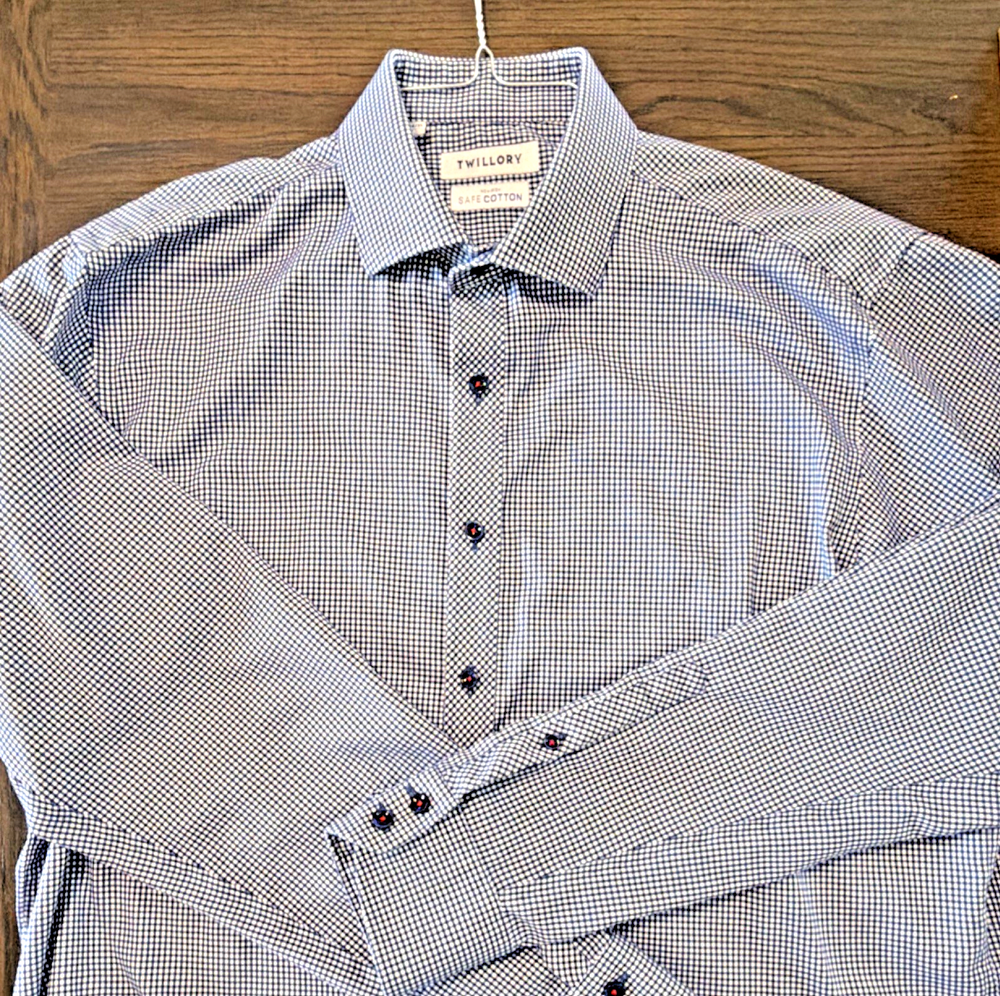 Twillory shirt 16.5 34/35 Mens Classic Fit Blue White Check Non-Iron Cotton