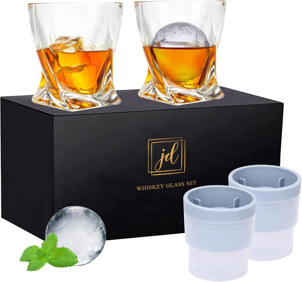 Whiskey Rocks Glass Set with 2 Crystal Bourbon Glasses and 2 B in Gift Box