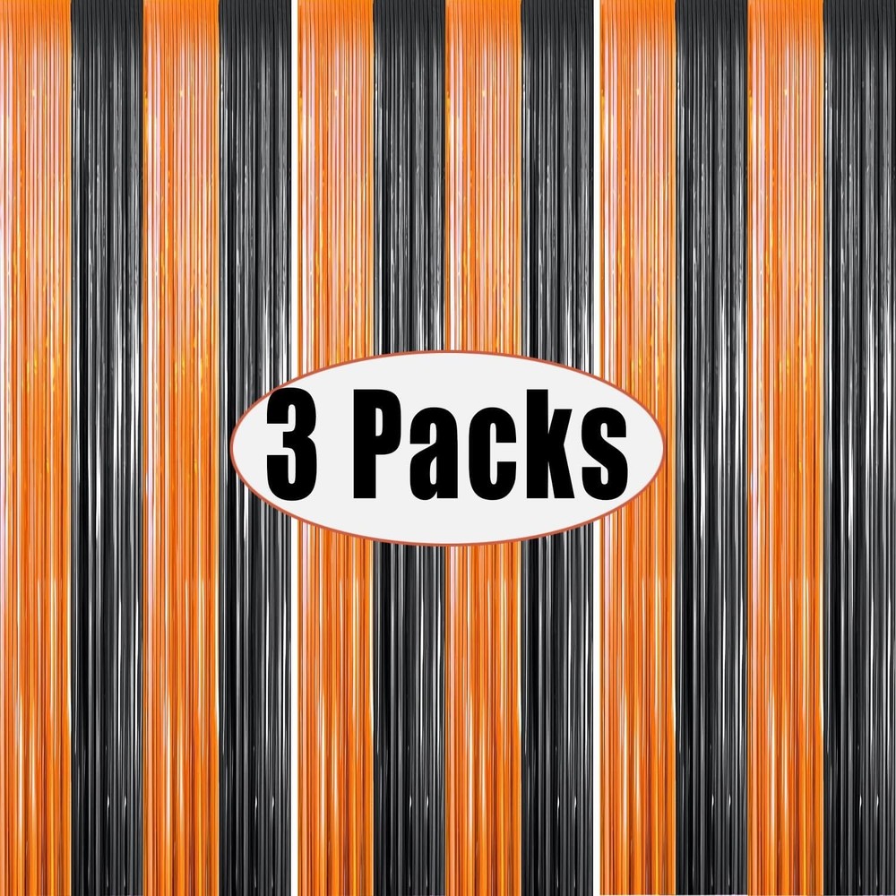 3 Pack Orange Black Metallic Tinsel Fringe Curtains 3.3x6.6ft Photo Booth Backdrop