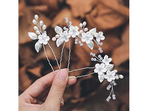 6 Silver Flower Pearl Bridal Hair Pins for Women 3-Pack