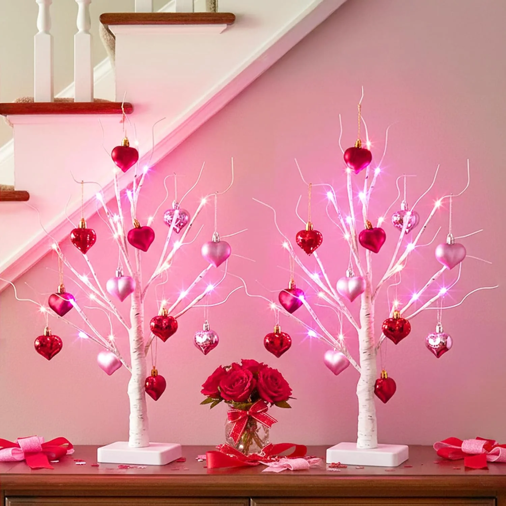 2Pack Valentine's Day Led Lighted Birch Trees Heart Ornaments USB Battery Decor