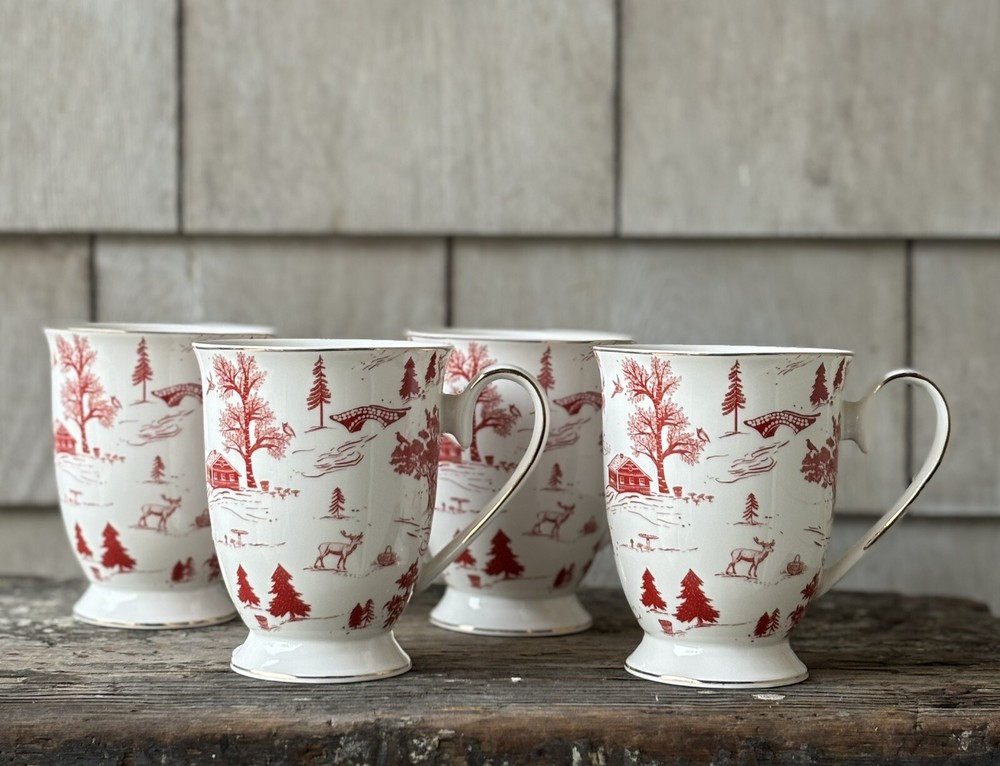 Grace Teaware Holiday Christmas Winter Red TOILE Footed Mugs ~ Set of 4 ~ New