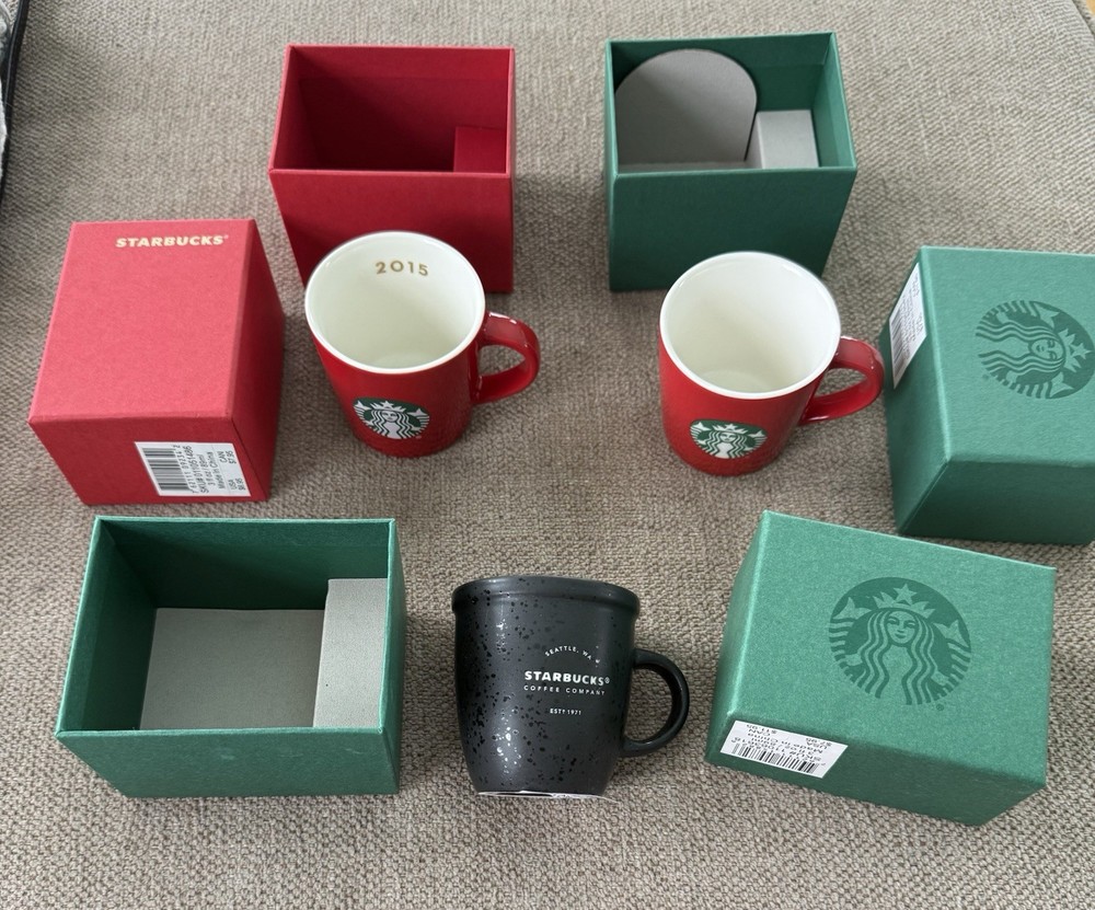 New -3 Starbucks Espresso Cups 2015, 2016 Holiday and Black Undated Original Box