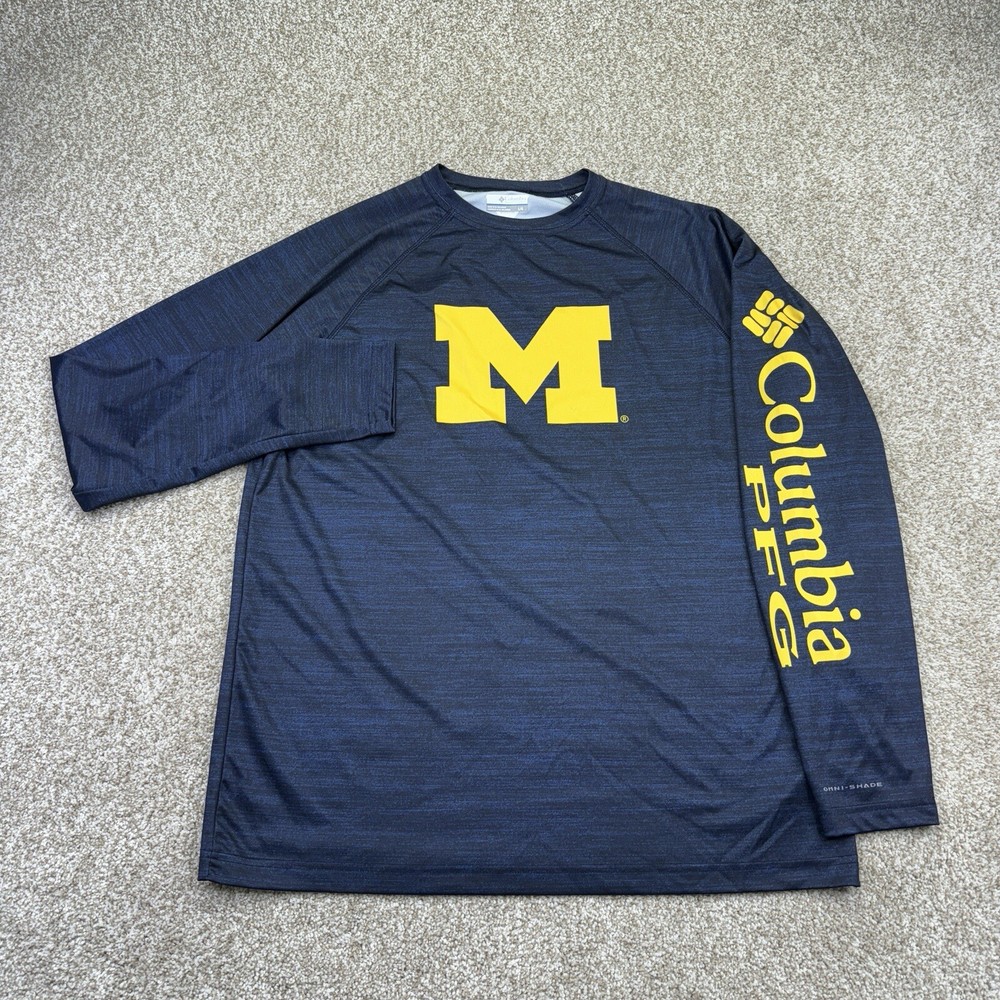 Michigan Wolverines T Shirt Mens Large Columbia PFG Omni Shade Long Sleeve Blue