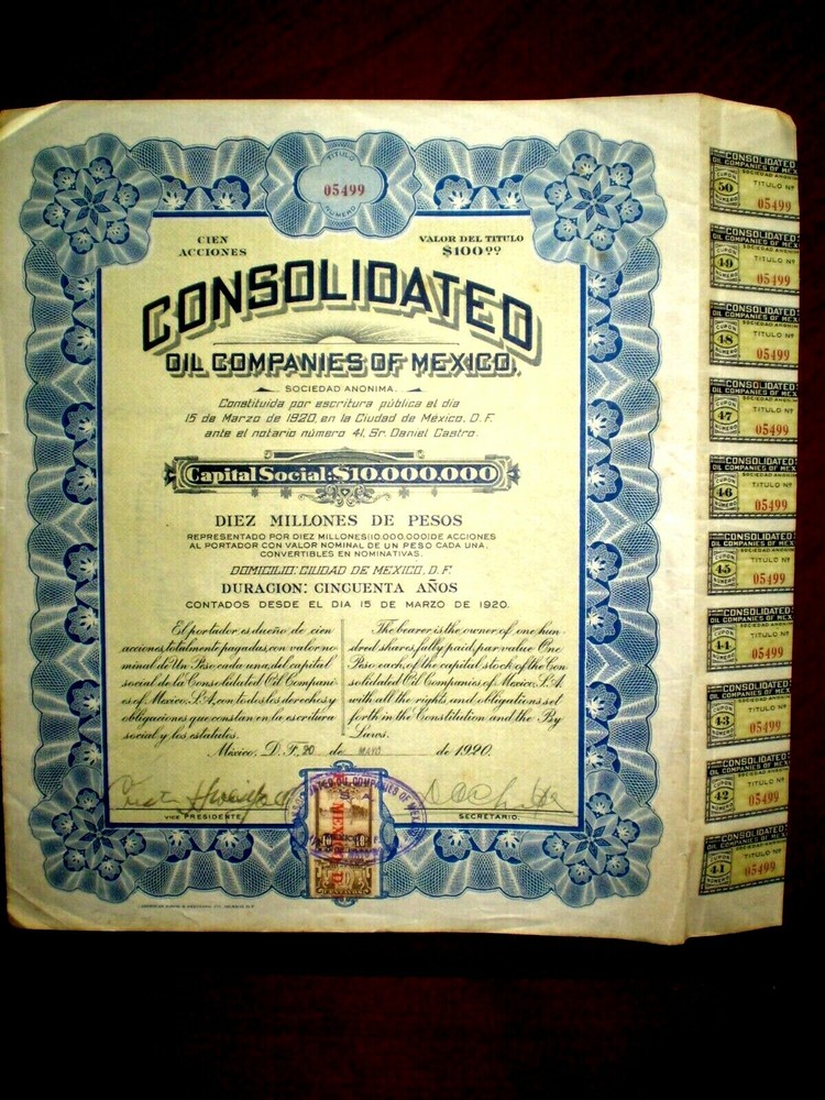 Consolidated Oil Companies of Mexico  one certificate of 100 shares 1920  Good