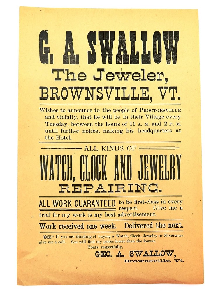 Antique Watch Clock Jewelry Repair Flyer by G A Swallow Jeweler n1