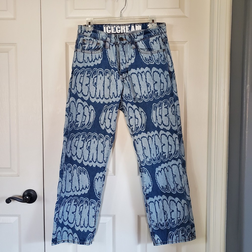 Ice Cream Bubble Denim Jeans Blue White High-rise Loose Fit Siz 30x30 Button Fly
