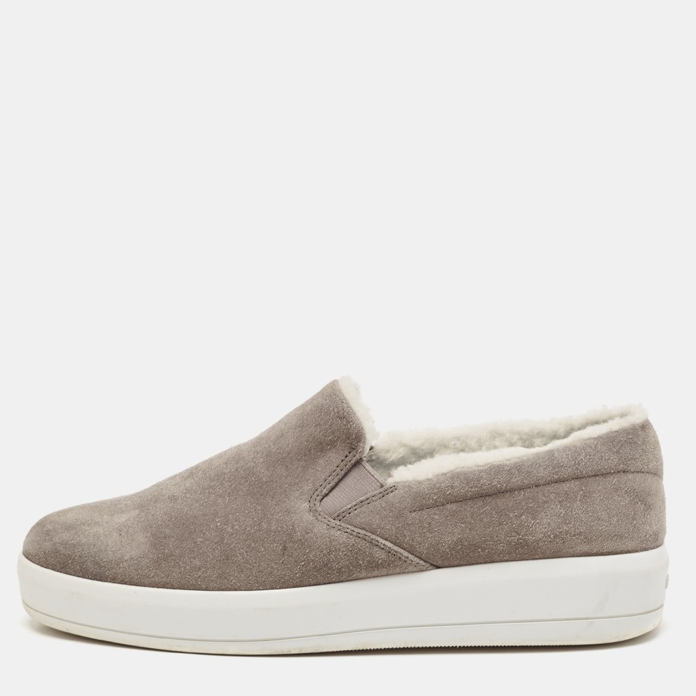 Prada Sport Grey Suede and Shearling Slip On Sneakers Size 38