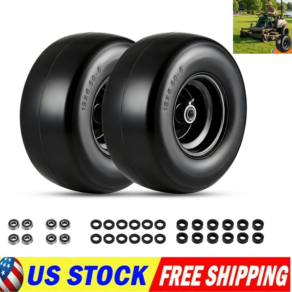 2 pack 13x6.50-6 Flat Free Tire Wheel Set w/ Bearing For Lawn Mower Garden Cart