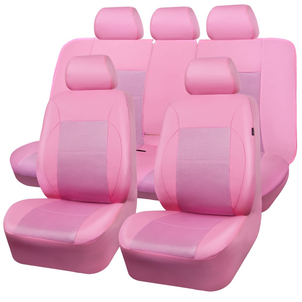 Pink Leather Seat Cover Automotive Breathable Universal Car Seat Cover Set Pa...