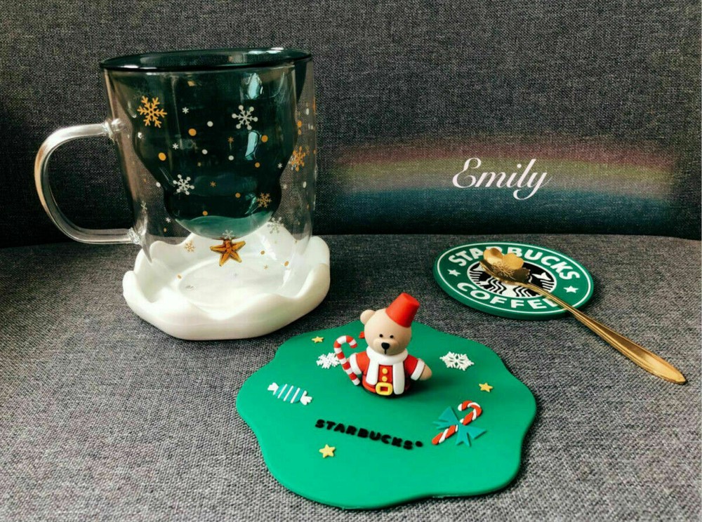NEW Starbucks Bear Silicone Lid Christmas Tree Double Glass Spoon Coffee Mug Cup