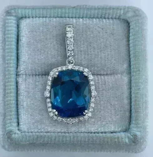 3.00Ct Cushion Cut Lab-Created London Blue Topaz Pendant 14K White Gold Plated