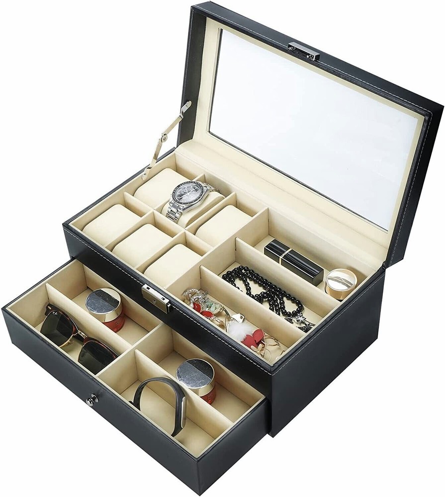 Double-Layer 6 Slot Watch Box with 9 Grid Eyeglass Sunglass Storage-image