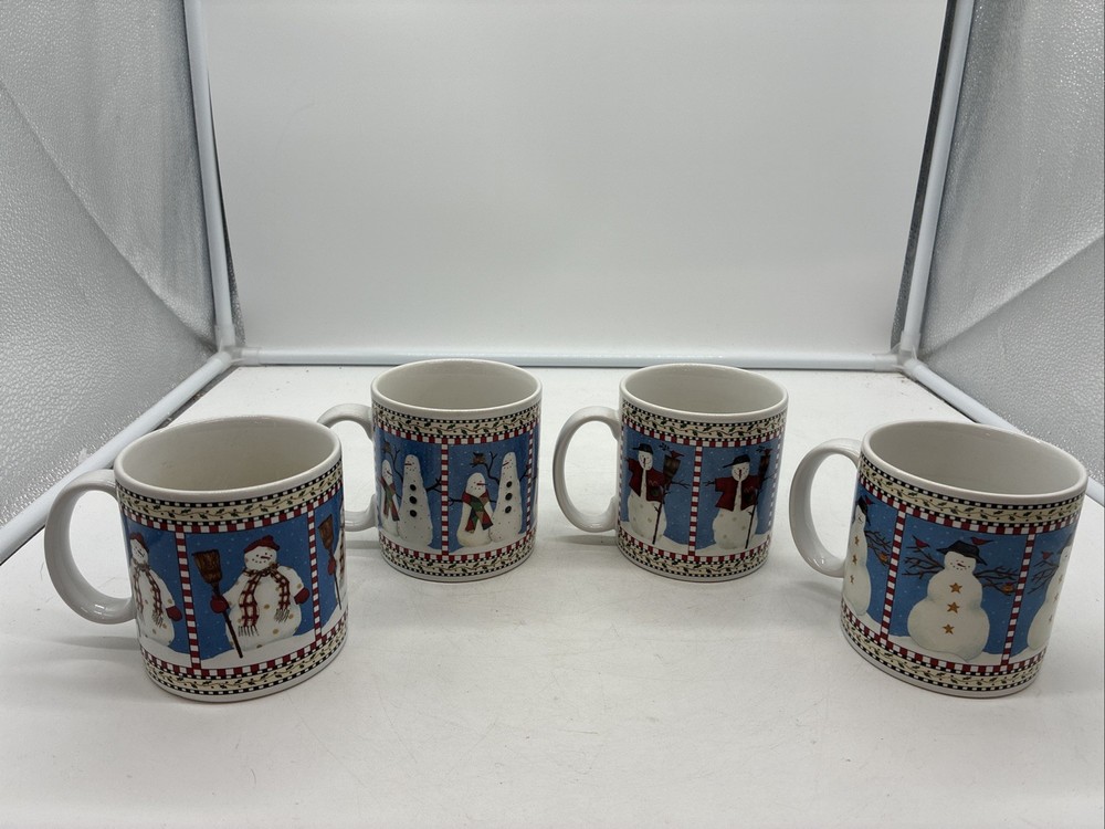 Sakura Debbie Mumm Stoneware 1997 Snowman Set of 4 Mugs