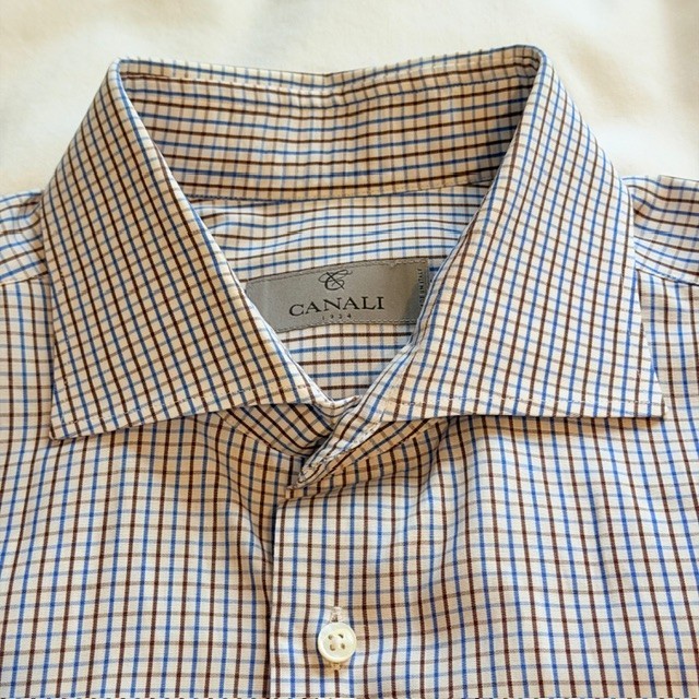 CANALI Luxury Dress Shirt Mens 42 16.5 White Blue Brown Check Italy 100% Cotton