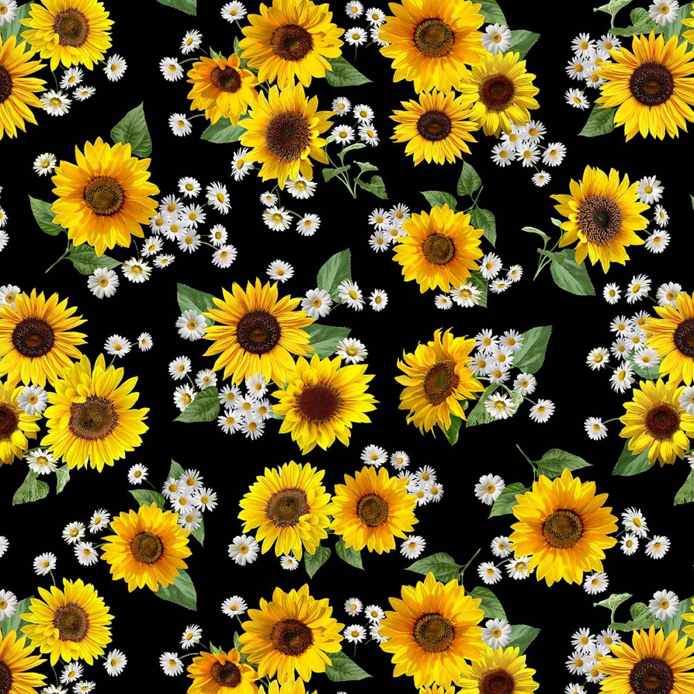 Timeless Treasures Floral Fabric Sunflower Daisy Black Yardage