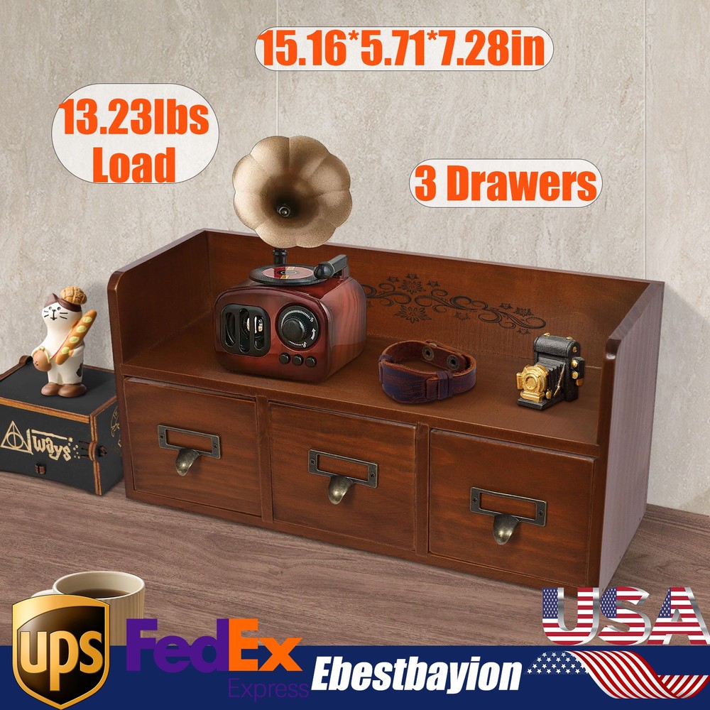 Retro 3 Drawers Wood Desktop Storage Cabinet Cosmetic Jewelry Organizing Cabinet