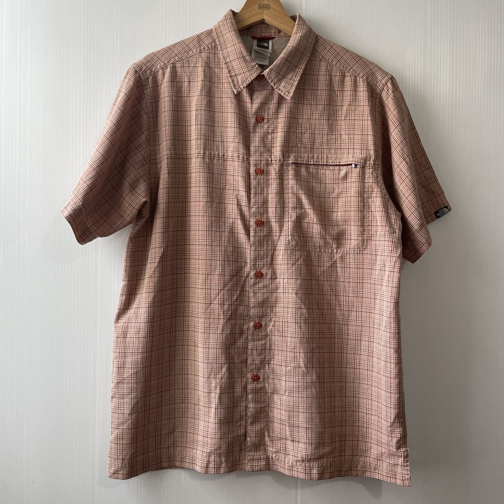 The North Face Hiking Outdoor Shirt Mens M Short Sleeve Fishing Orange Checked