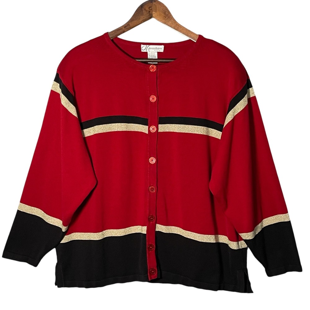 Dressbarn Women's Red Striped Button Front Cardigan Size 22/24 Long Sleeve