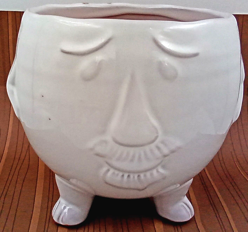 Mr Pots White Ceramic Face Planter with Moustache Nose Eyebrows Feet