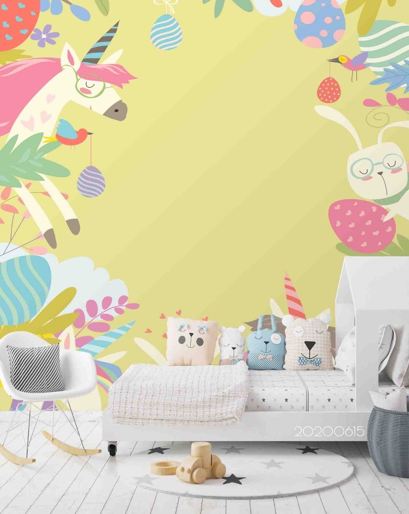 3D Unicorn Rabbits Leaves Illustration Wall Murals Wallpaper Murals Wall Sticker