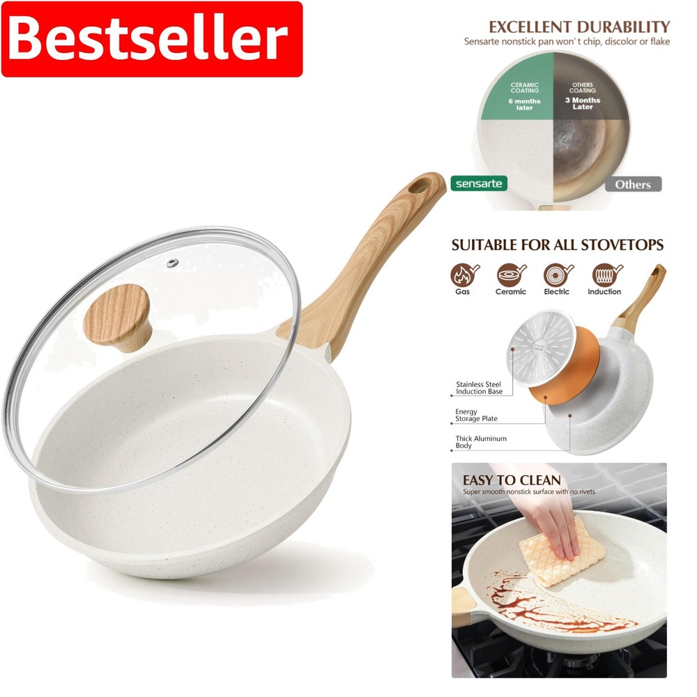 Elegant Nonstick Ceramic Frying Pan with Comfortable Grip Handle - 8-12.5” Sizes