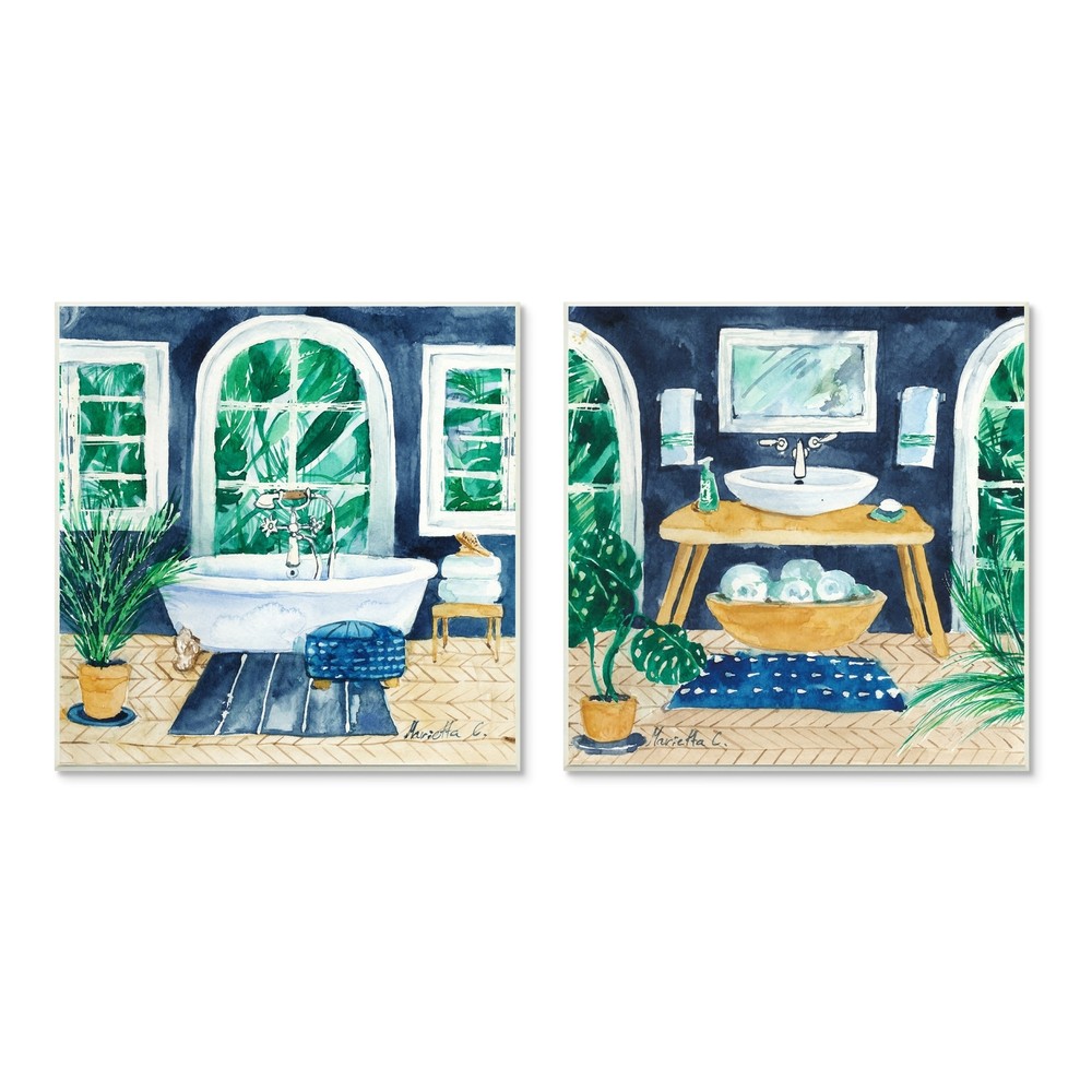 Stupell Bold Blue Bathroom Interior Still Life Sink Bathtub  Blue 12 x 12