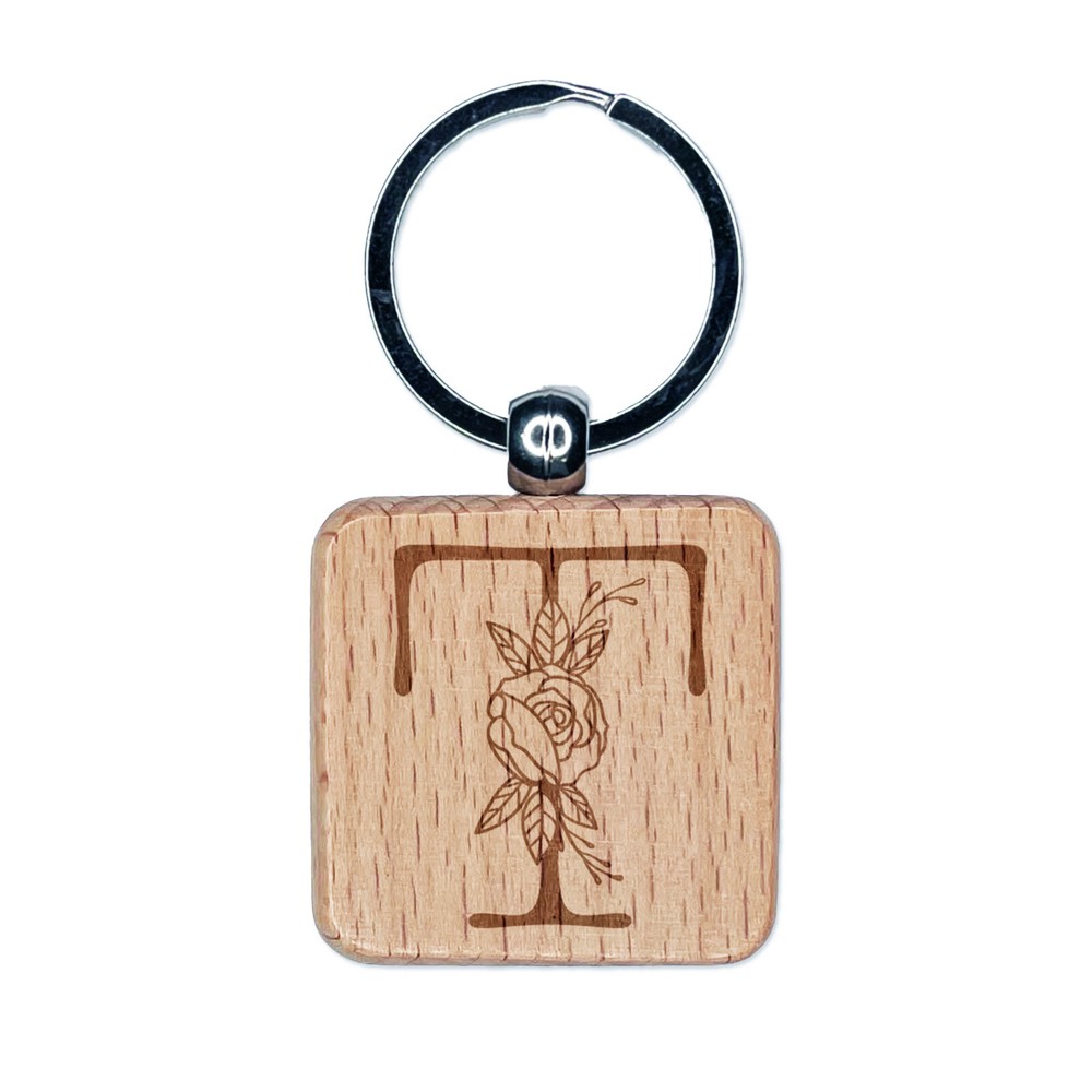 Rose Typewriter Font Capital Letter T Engraved Wood Square Keychain Tag Charm