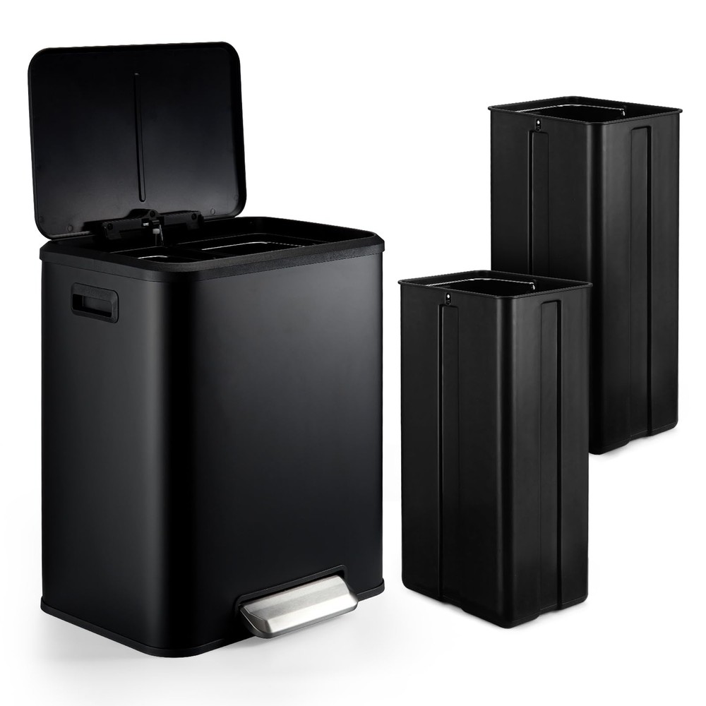 Black Dual Trash Can for Recycling and Trash, 2 x 4 Gallon (30L) Stainless St...