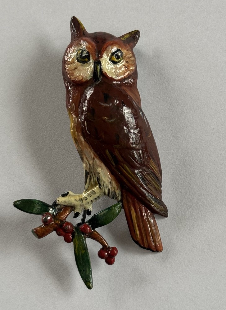 Vintage Sterling Silver & Enamel Owl On Branch Brooch