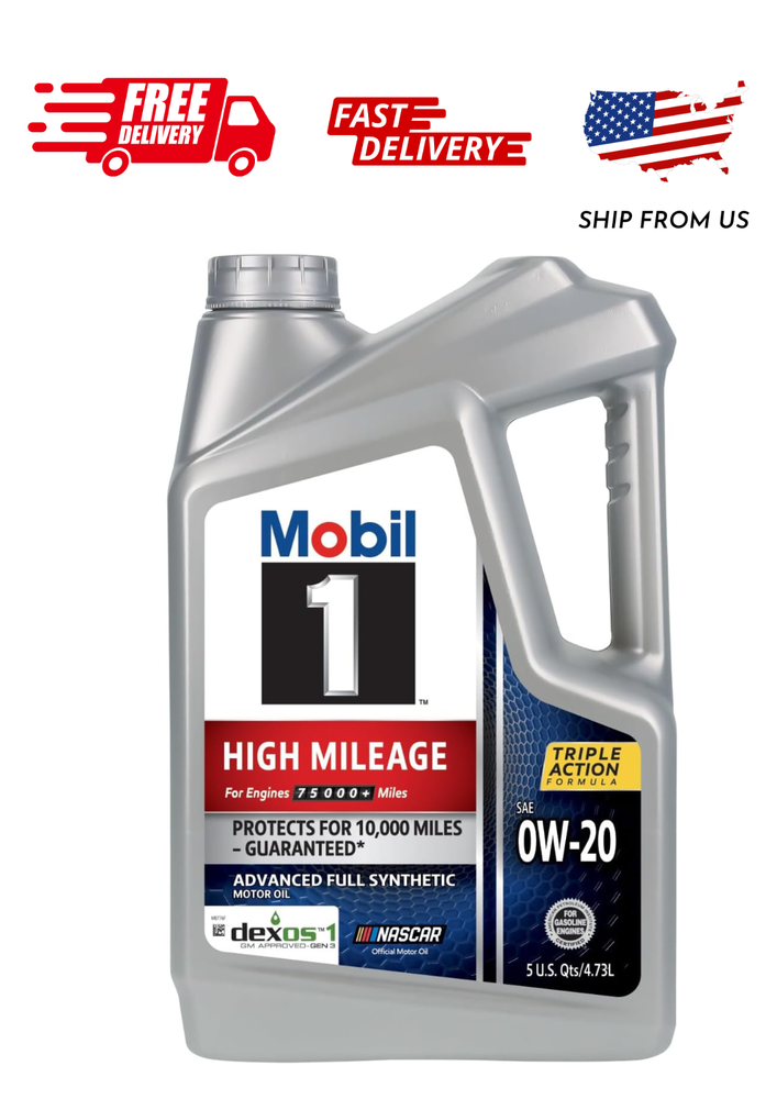 Mobil 1 High Mileage Full Synthetic Motor Oil 0W-20, 5 Quart